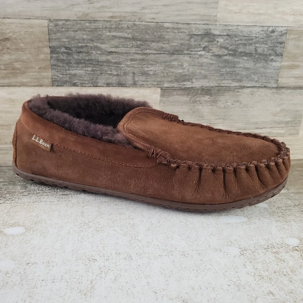 L.L.Bean Wicked Good Venetian Mens Slippers Sz 9 M Brown Suede Shearling Slip On